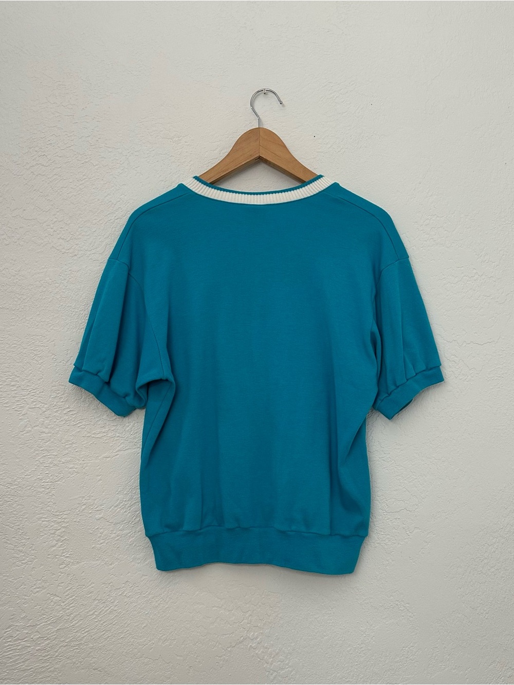 Vintage 80s 90s Koret Francisca Teal & White Jersey Short Sleeve Sweatshirt Top - Picture 2 of 7